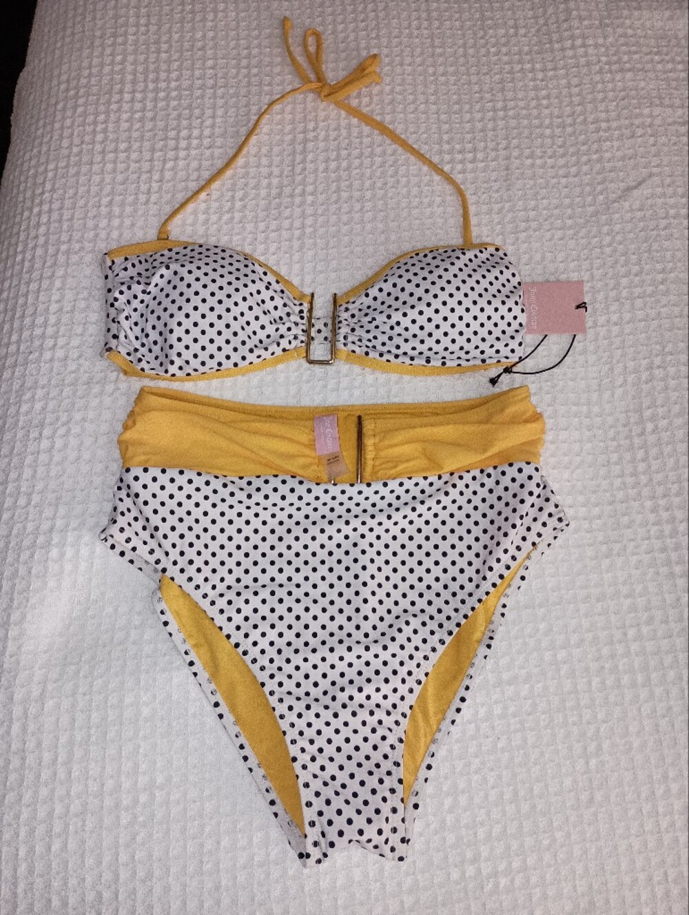 Juicy Couture White w/ Black Poka Dots & Yellow 2Pc Bikini Swim Suit Large